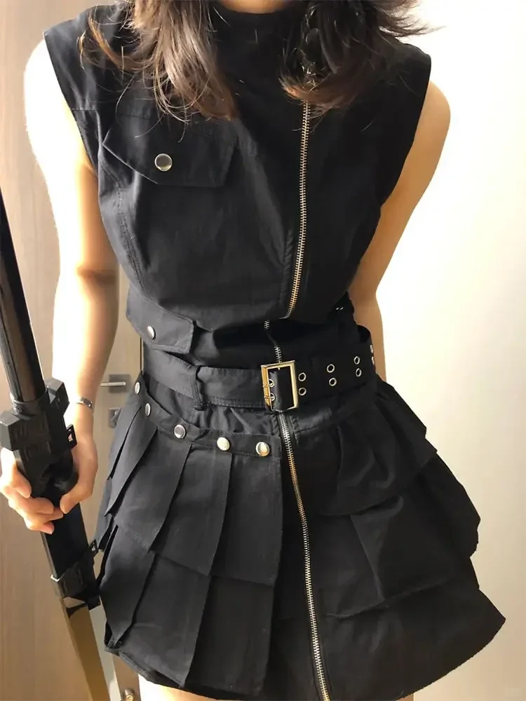 Vintage slanke mouwloze zwarte jurk dames gothic high street skinny ruche retro jurken Y2k chique riem nieuwe kleding - afbeelding 2