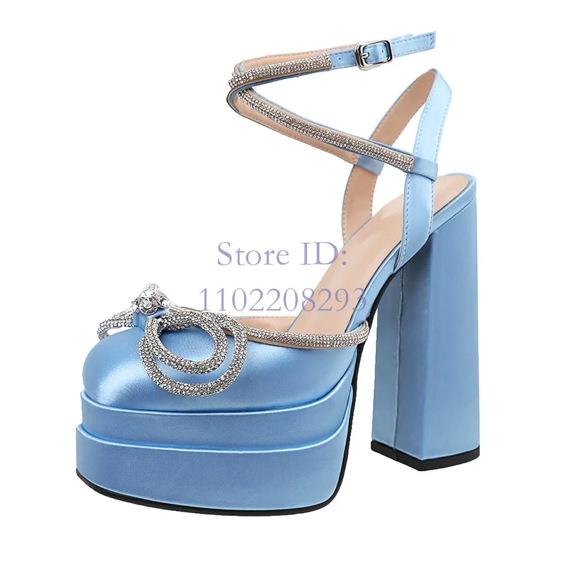 Crystal Butterfly-knot Chunky High Heel Sandals Platform Round Toe Back Buckle Strap Sandals Women Fashion Shows Shoes 2024