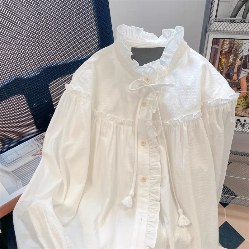 French Elegant Shirts Stand Neck Puff Sleeve Ruffles Patchwork Blouses Solid Color Lace Up Spring Women Clothes All Match Tops