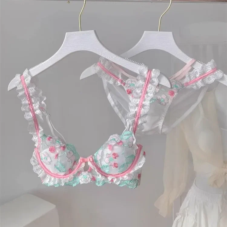 French Style Lace Embroidery Bra Set Women's Underwear Anti-Sagging Thin Design Sweet Pure Desire Wireless Comfortable Bandeau - view 2