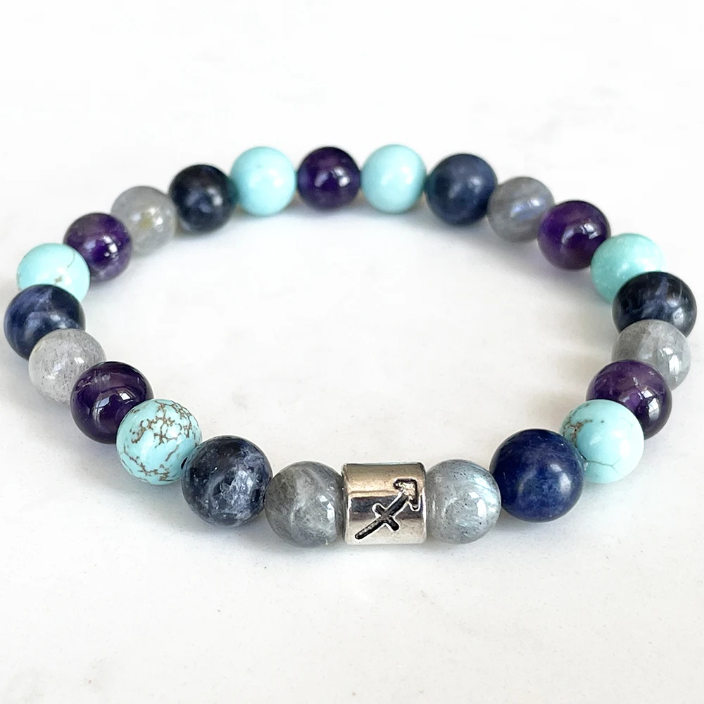 

MG1703 Sagittarius Zodiac Bracelet 8 MM Labradorite Hubei Turquoise Amethyst Energy Wrist Mala Natural Gemstone Jewelry