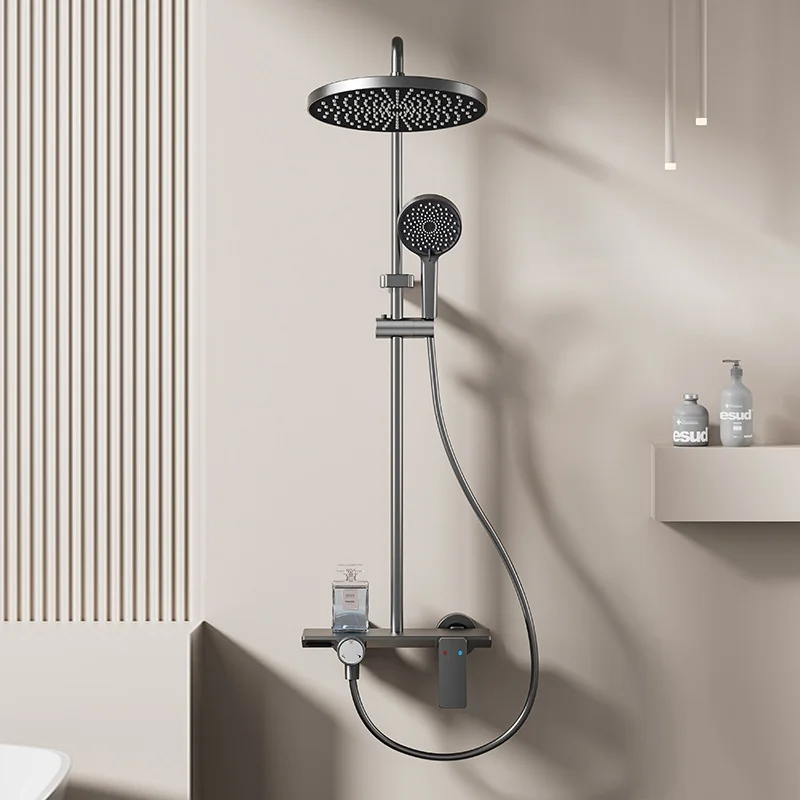 

Space Aluminum Round Top Spray Shower Set with Temperature Controllable Water Knob Switch Gray Multifunctional Bathroom Supplies