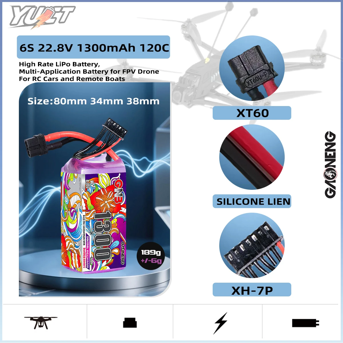 

YUCT 22,8 В XT60 GAONENG GNB 6S 1300 мАч 120C/Max240C Lipo аккумулятор для радиоуправляемого вертолета Квадрокоптера FPV Racing Drone