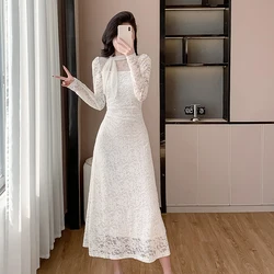 New 2025 Elegant Spring White Lace Hollow Out Long Clothes French Women Lace Up Stand Collar Folds Slim Waist Party Dress Robe