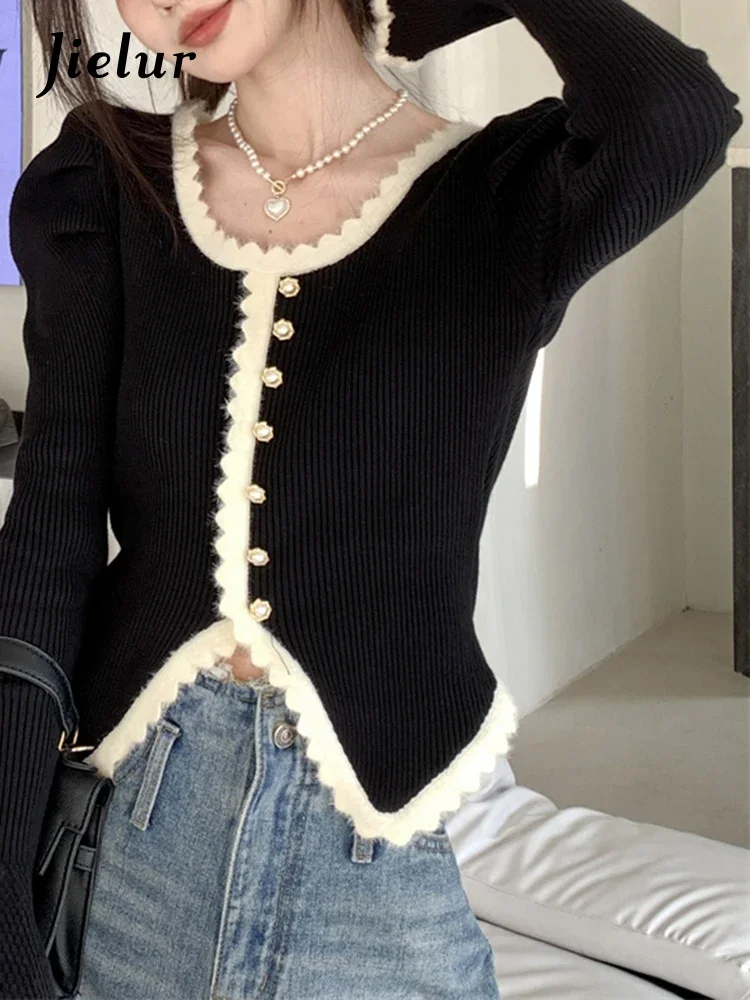 Jielur Autumn New Contrast Color French Cardigan Woman Sweet Ladies Elegant Women Cardigan French Black Knitted Cardigan Female