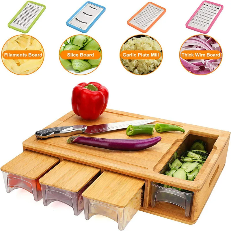 Bamboo Wooden Cutting Board with Drawer, Household Square Chopping Board for Cheese Pizza, Classified Storage