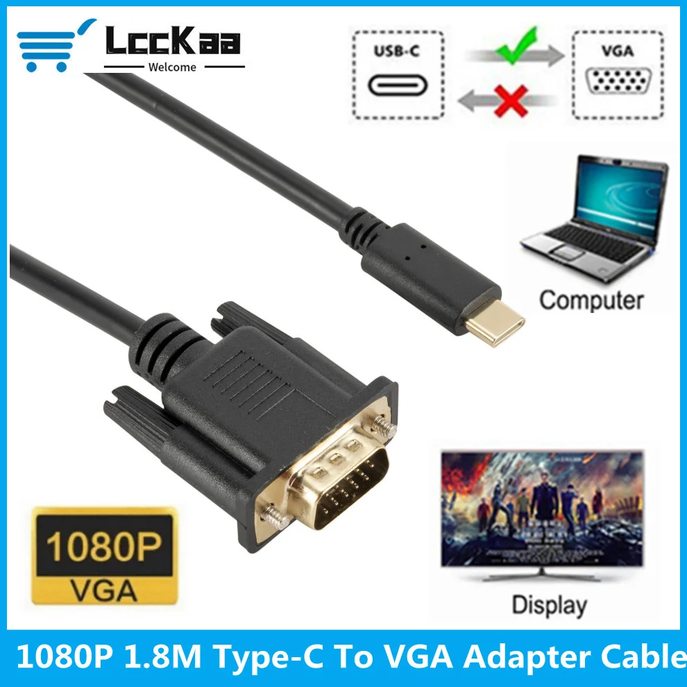 LccKaa 1080P Type-C To VGA Converter USB-C To VGA Conversion Data Cable For Laptop UHD External Video Projector Type-C To VGA