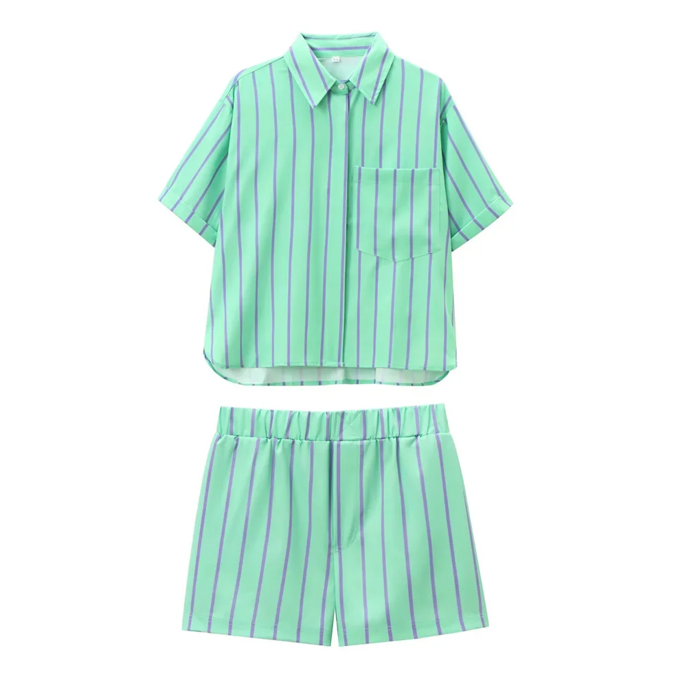 UNIZERA2024 Summer New Product Women\'s Casual Polo Neck Short Sleeve Striped Poplin Shirt Casual Flat Corner Shorts Set