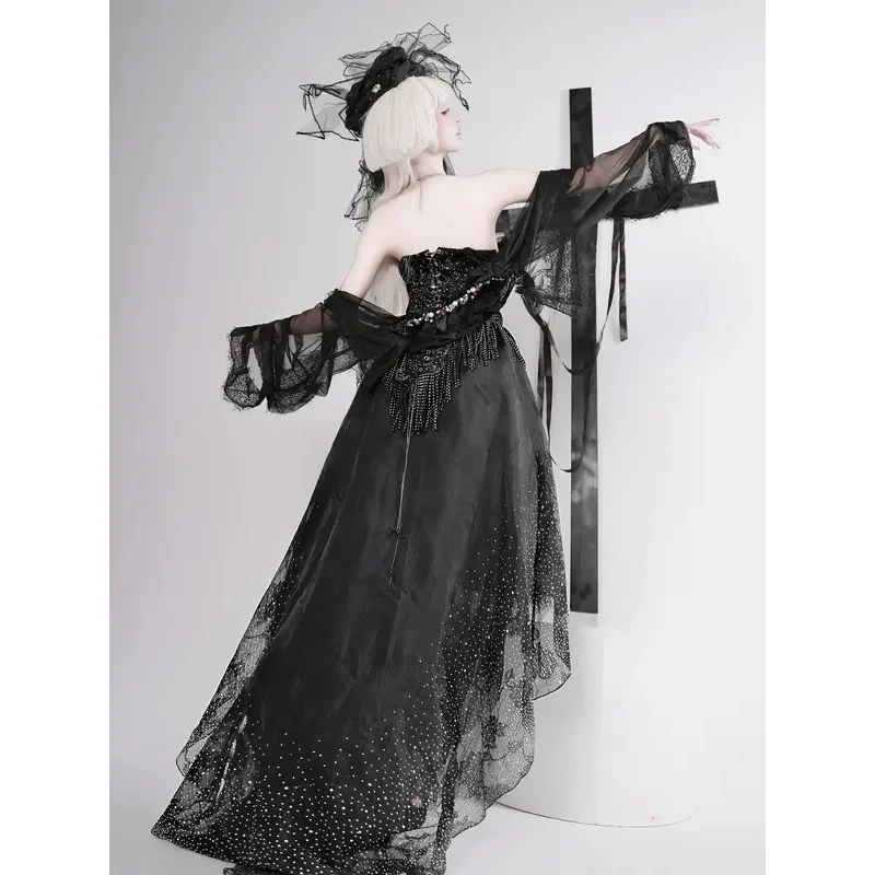 

qq681 Чистый черный готический корсет с разрезом в виде рыбьей кости + длинная юбка со шнурком, доступное свадебное платье на Хэллоуин