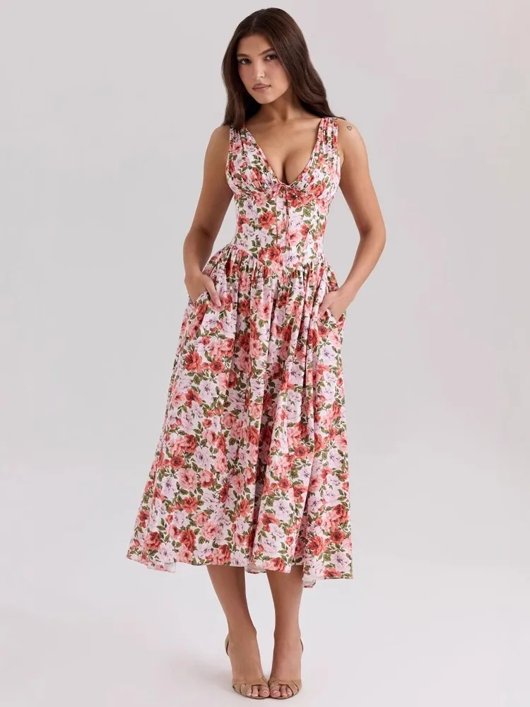 新しい夏の女性のプリントレースアップMIDIドレス、花柄ドレス、ノースリーブドレス、婦人服、休暇ドレス、エレガントドレス