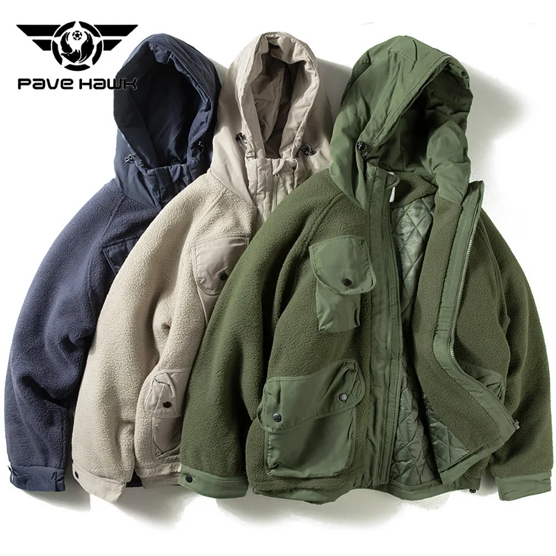 Outdoor Multi Pocket Cargo Cotton Jacket Men Loose Windproof Warm Fleece Patchwork Cotton Jackets Casual Sports Hiking Coat Male