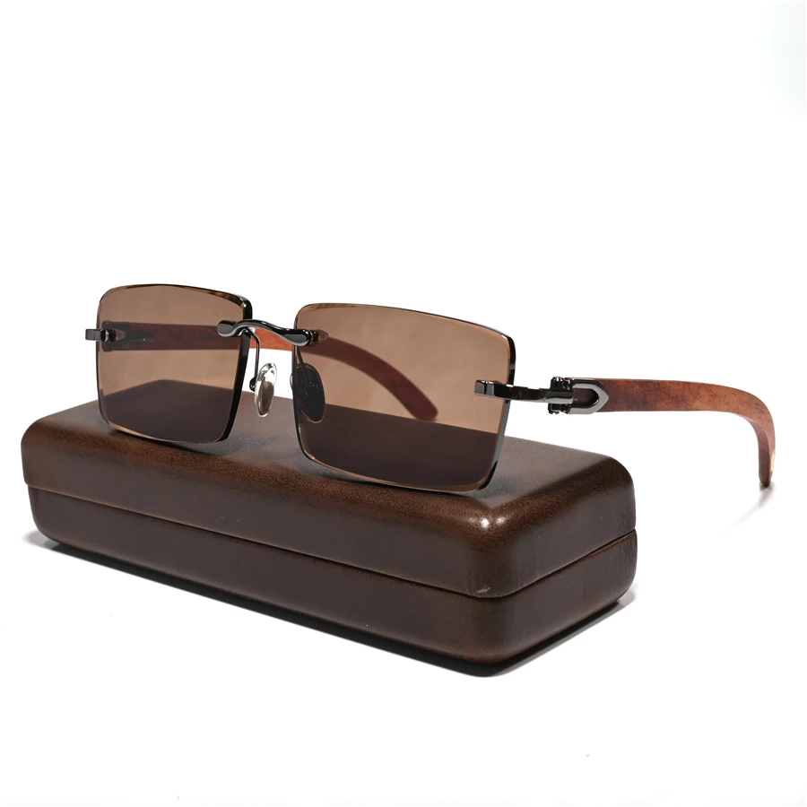 

Evove Rimless Sunglasses Male Dark Brown Natural Crystal Lens +wood Leg Anti Scratch Sun Glasses for Men Brand Rectangle Eyewear