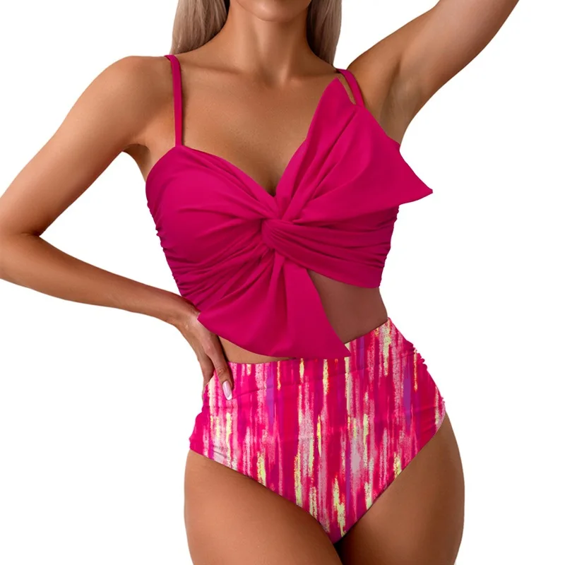 2024 Printed bowknot Bikini Women High Waist Swimsuit Female Padded Swimwear Bather Bathing Swimming Swim Suit Summer Beachwear