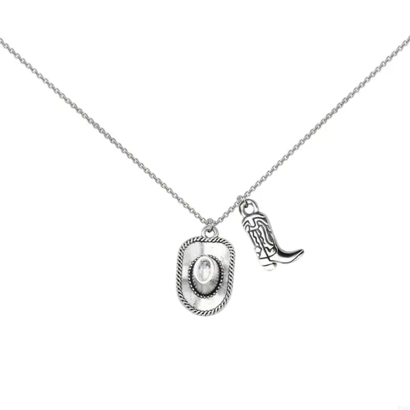 

91AF Punk Cowgirl Boot Hat Pendant Necklace Unique Neckchain Charm Jewelry Gift