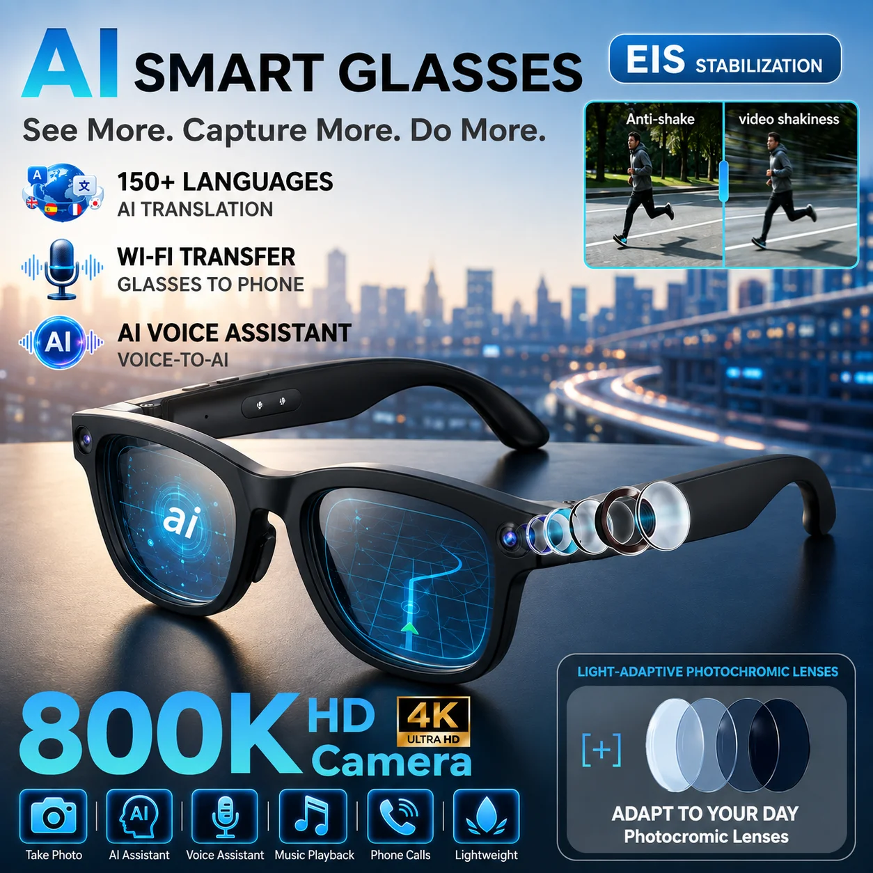 Hot Sale 2026 AI Smart Glasses 8MP Bluetooth Calls Music 130+ Languages Translation AI Recognition  IP66 WiFi Transfer Glasses