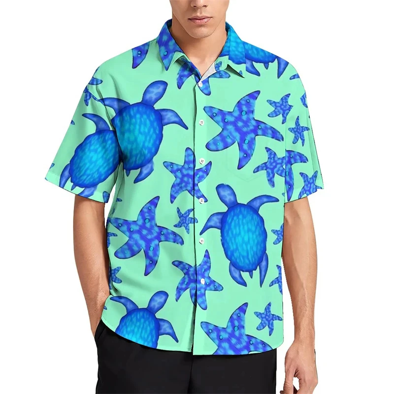 3D Printed Hawaiian Sea ​​turtle Blouses Fashion Animal Starfish 3D Printed Beach Shirts For Men Clothes Vacation Male Y2k Tops