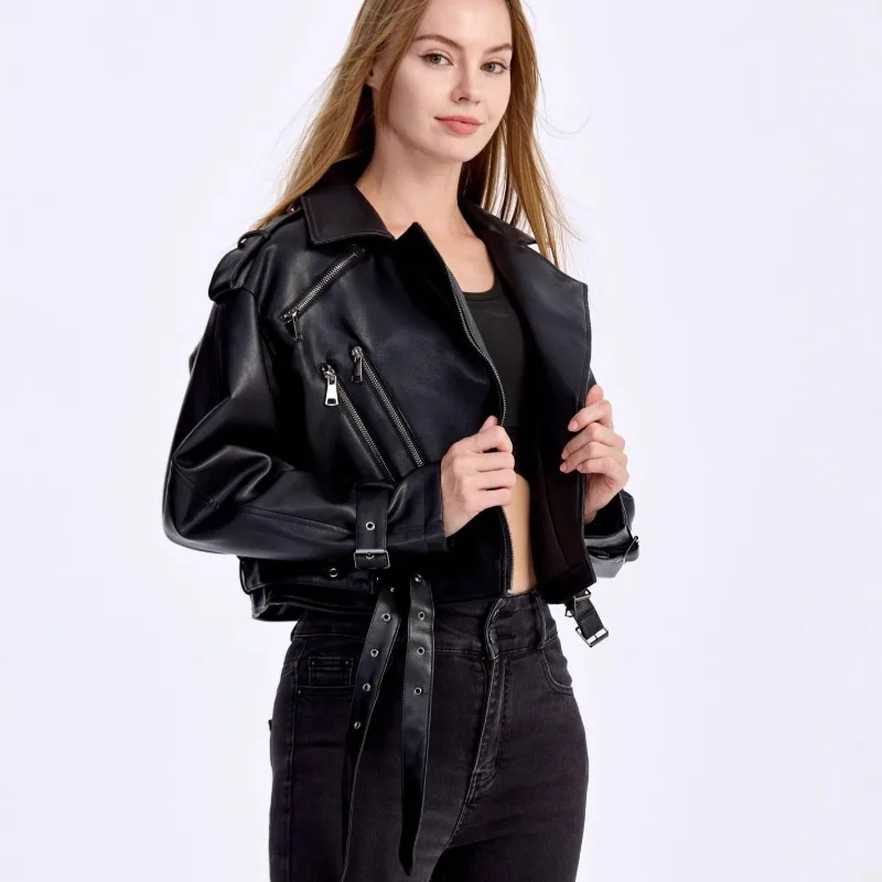 Chaqueta de cuero PU suave para mujer, chaqueta Bomber de cuero PU de ajuste Regular, abrigos cortos de motociclista para motocicleta, prendas de vestir exteriores para mujer de carreras para primavera y otoño