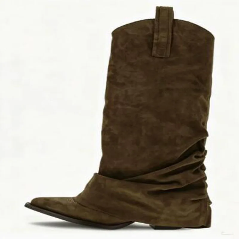 Army Green Apricot Suede Slouchy Knee High Cowboy Boots Pointed Toe Embroidery Western Mid Calf Stacked Square Heels Boots