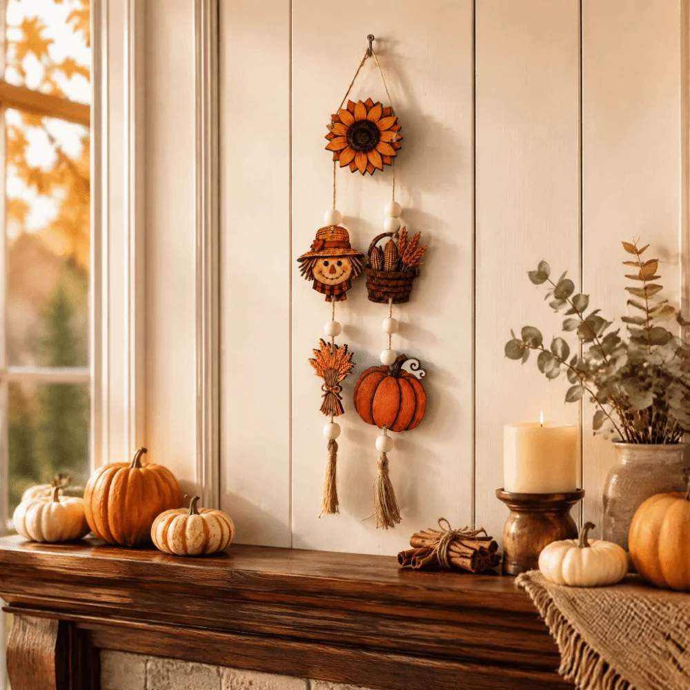 Pumpkin Fall Harvest Wooden Wall Hanging 2D Flat Print Rustic Style Scarecrow Sunflower Ornament Corn Basket Handcrafted