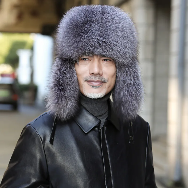 Real Fox Fur Hat  For Men Winter Warm Outdoor Skiing Hat With Leather Tops Lei Feng Hat With Ear Protector Cap Natural Fur Hats