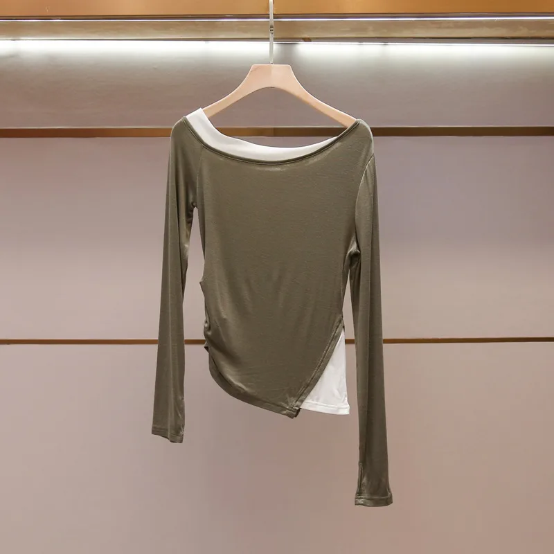 ANJY Spring Summer Women High-End Asymmetrical Design Contrast Color Fake Two-Piece Embroidery Long Sleeve Trendy T-shirt A23951