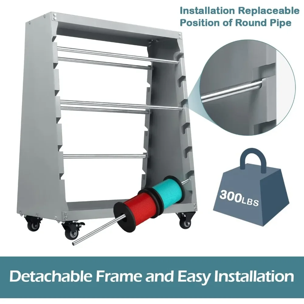 Cart with Locked Wheels 6 Rods Electrical Wire Spool Storage Dispenser 300lbs Capacity for Industrial Workplace