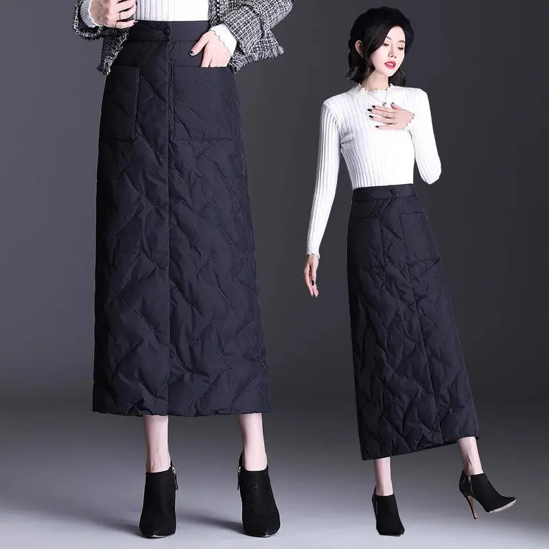 2023 Winter Skirts Women's Fashion Retro One Piece Thickened Down Cotton Skirt Retro Embroidered Quilted Jupe Femme Saia Z3662