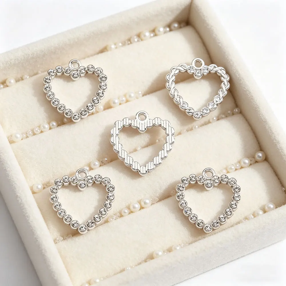 10pcs Silver Color Siny Full Rhinestone Crystal Peach Heart Charms Pendant For DIY Necklace Jewelry Accessories