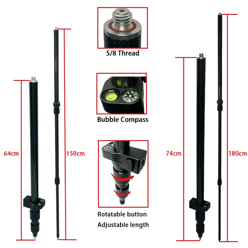 

Telescopic Centering Pole Portable Carbon Fibre Pole 74-180cm/64-150cm RTK GPS Prism Pole Surveying Rod 5/8x11 Thread