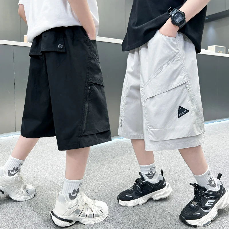 Loose Style Korean Kids Summer Cargo Shorts with Pocket For Tween Boy Solid Color Casual Short Pants Child Fashion Luxury Shorts