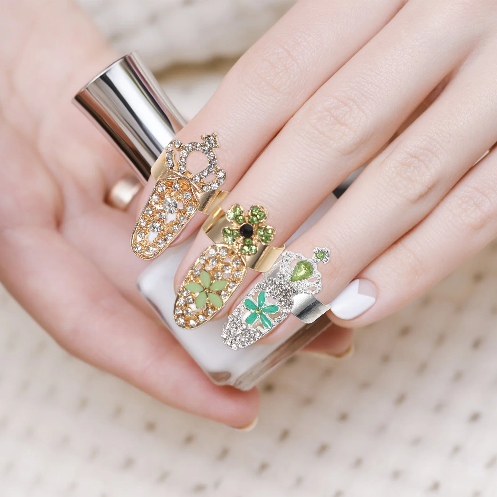 

10Pcs Diamond Nail Rings Vintage Adjustable Rhinestone Knuckle Finger Jewelry Set Decorations Cool Fashionable Costumes