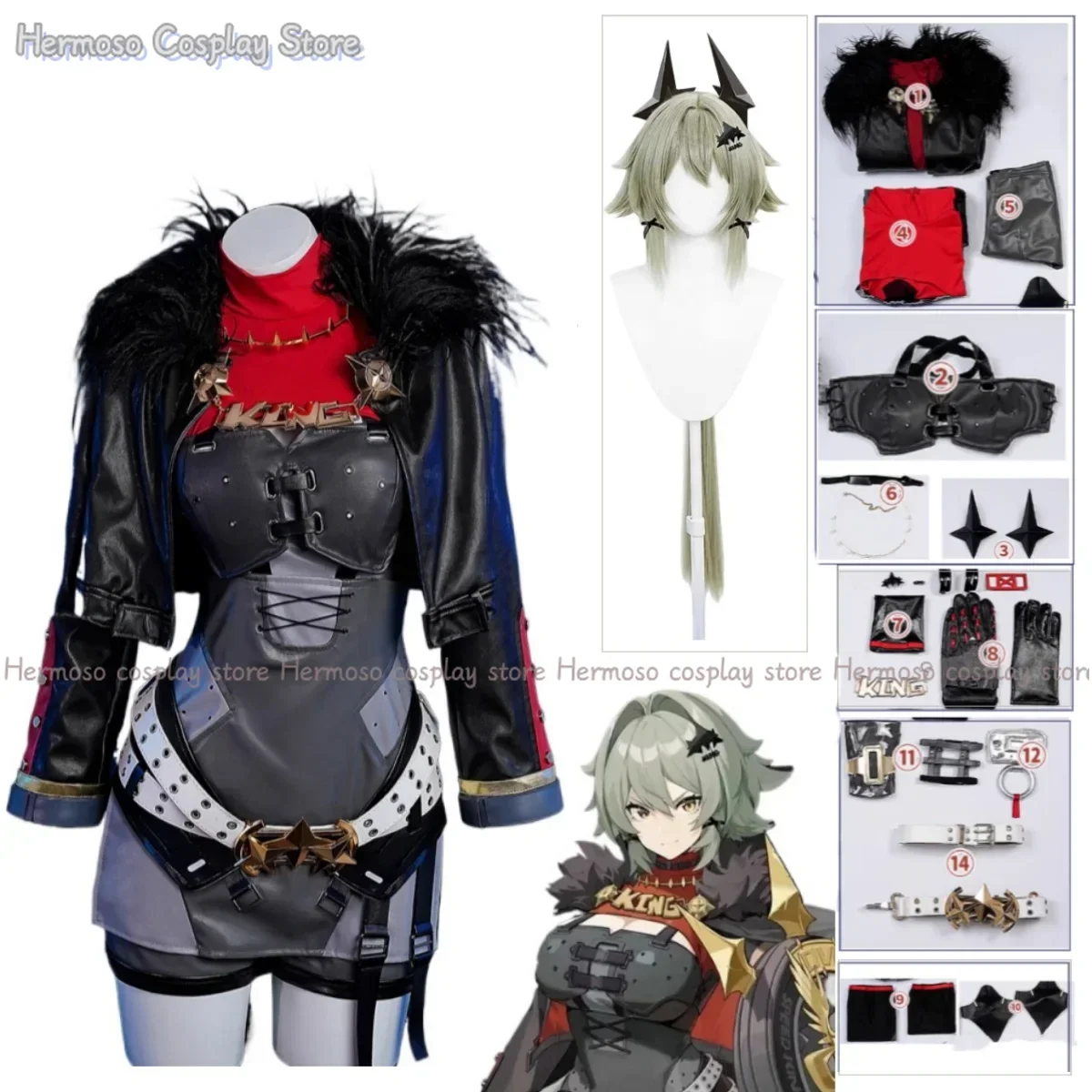 Game Zenless Zone Zero Caesar King Cosplay Costume Wig Uniform Dress Long Green Hair Breastplate Accessories Halloween Outfits