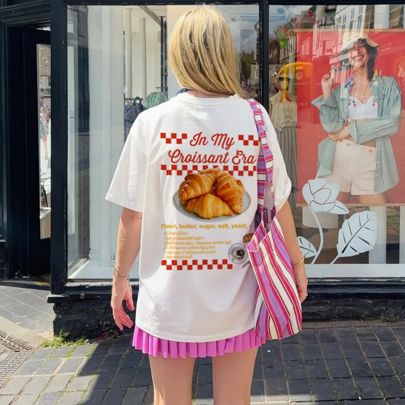 クロワッサン時代バックプリントかわいいベーカリーシャツ美的レトロ朝食 Tシャツ女性ストリートトップ特大 Y2k グラフィック Tシャツ