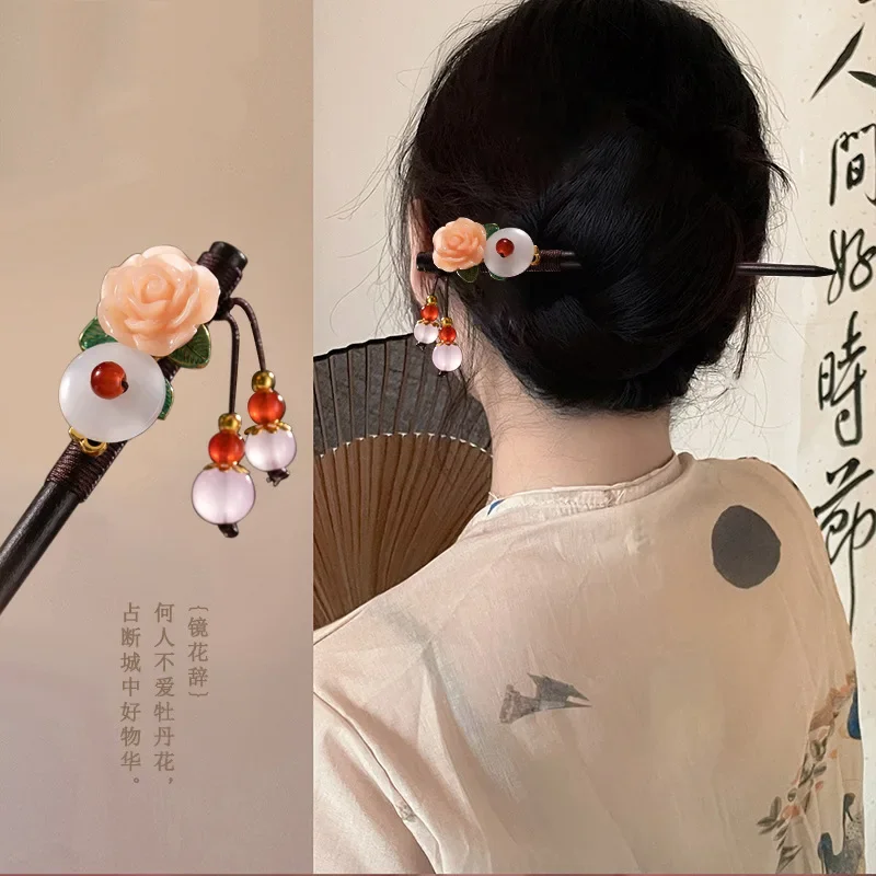 Ebony Tassel Step Shaking Hairpin Chopstick Hair Stick Ancient Style Hair Ornament Pan Hair Headdress Flower Hair Accessories