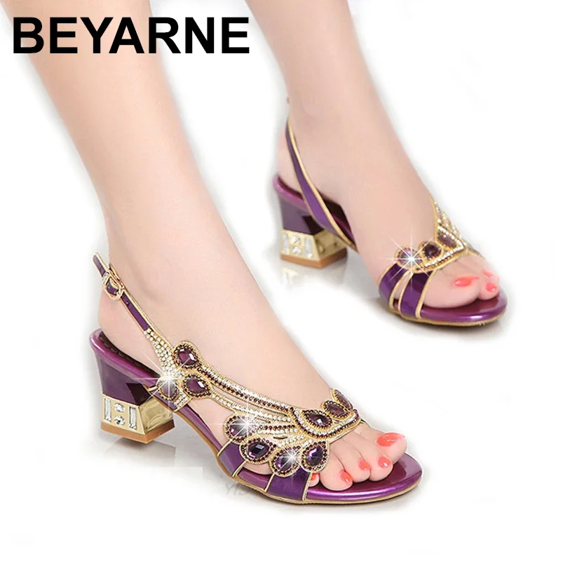 BEYARNE Fashion rhinestone sandals women slippers fish head diamond summer sandals thick high heels female sandals buty damskie