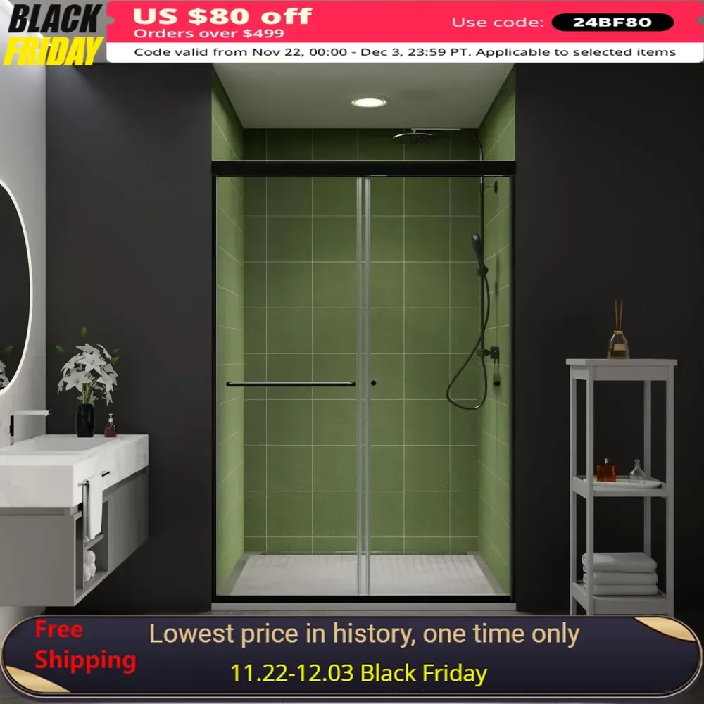 

Shower Door, 44-48 "W, Sliding Semi-Frameless, 1/4" (6mm), Clear SGCC Tempered Glass, Bathroom Shower Door