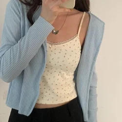 2025 zomer dames katoenen gebreide tanktop sexy bloemen kanten riem streetwear slanke schattige crop tops