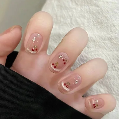 Imagen 1 del producto 10 Uds. De uñas postizas rosas hechas a mano, purpurina, ojo de gato, punta cuadrada corta, diseño de cereza, prensa kawaii en uñas postizas coreanas