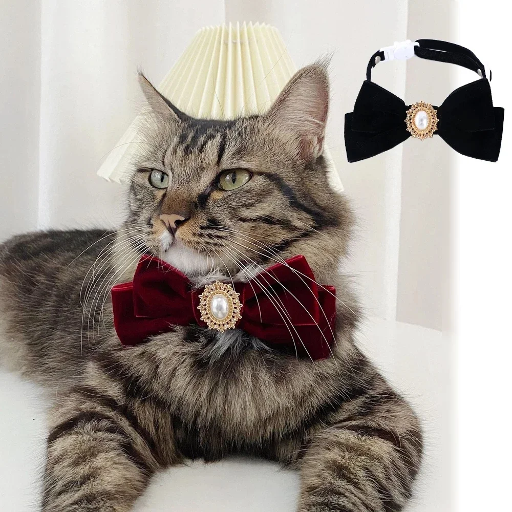 Collare per gatti con fiocco in velluto retrò Collare per gatti regolabile con perle e diamanti Collare decorativo Collana per cuccioli Accessori per feste per animali domestici