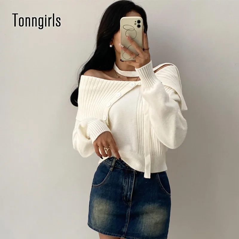 Tonngirls Korean Fashion Sweaters Women Long Sleeve Knit Pullovers Off Shoulder Ladies Jumper Y2k Tops Streetwear Japanese 2000s