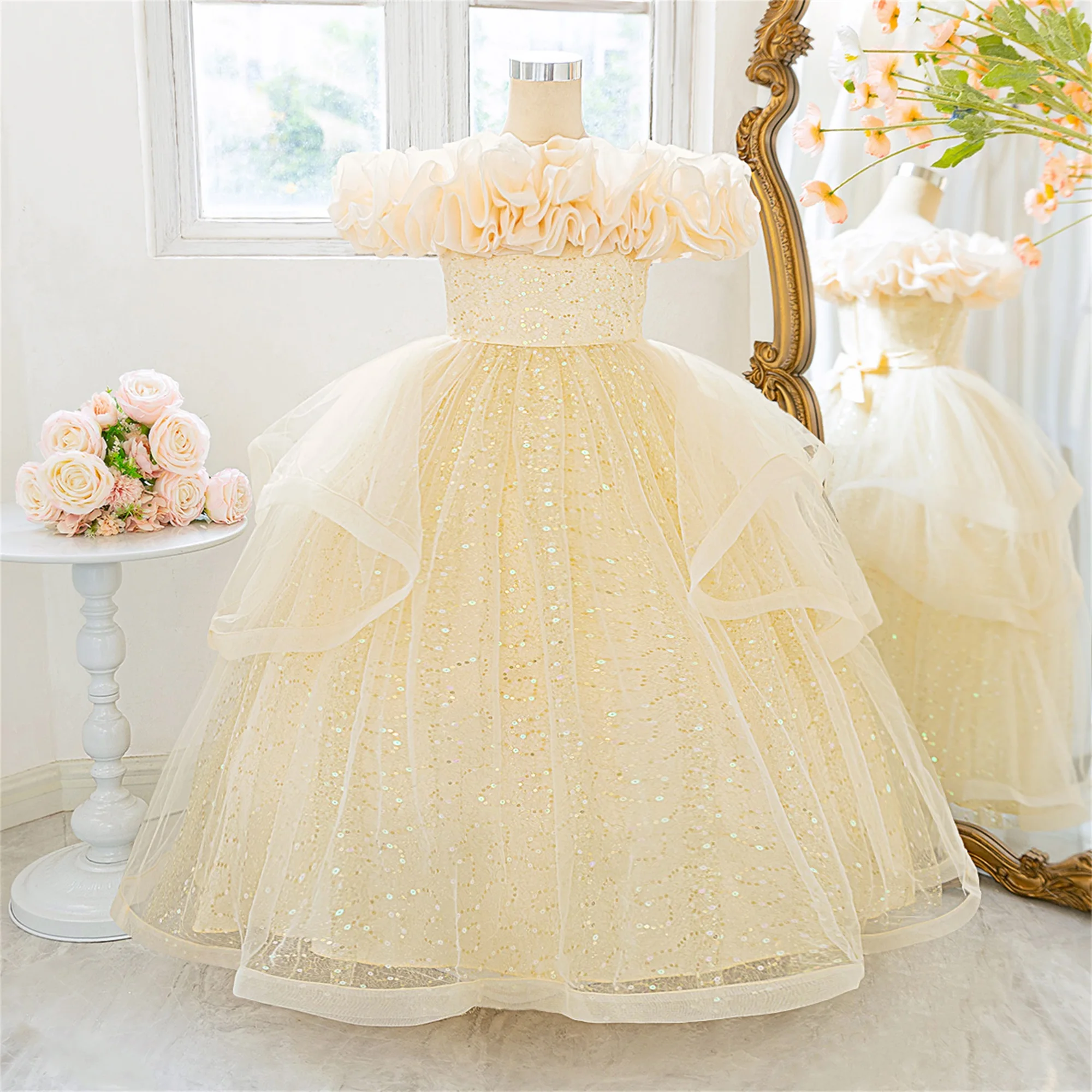 أزياء زهرة حزب وصيفة الشرف فتاة فساتين عيد الميلاد زي أنيق الزفاف فستان الأميرة فتاة أول بالتواصل ثوب عيد ميلاد