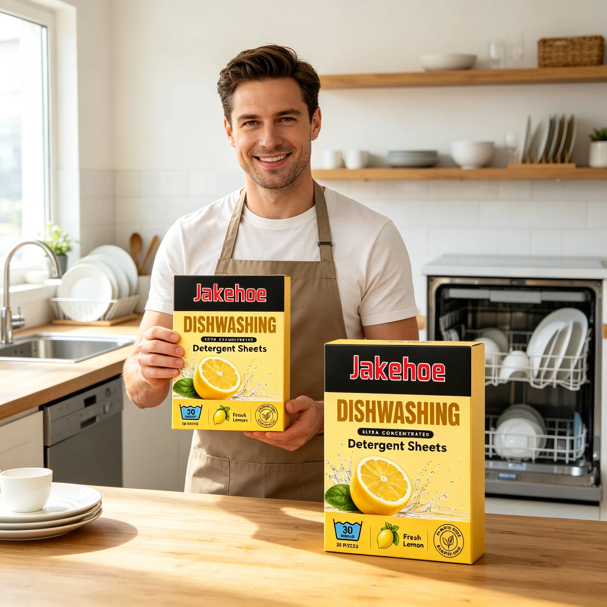Jakehoe Dishwasher Detergent Sheets Strong Oil Stain Removal Odor Eliminate Odors Lemon Extract Household Dish Soap Sheets 30PCS