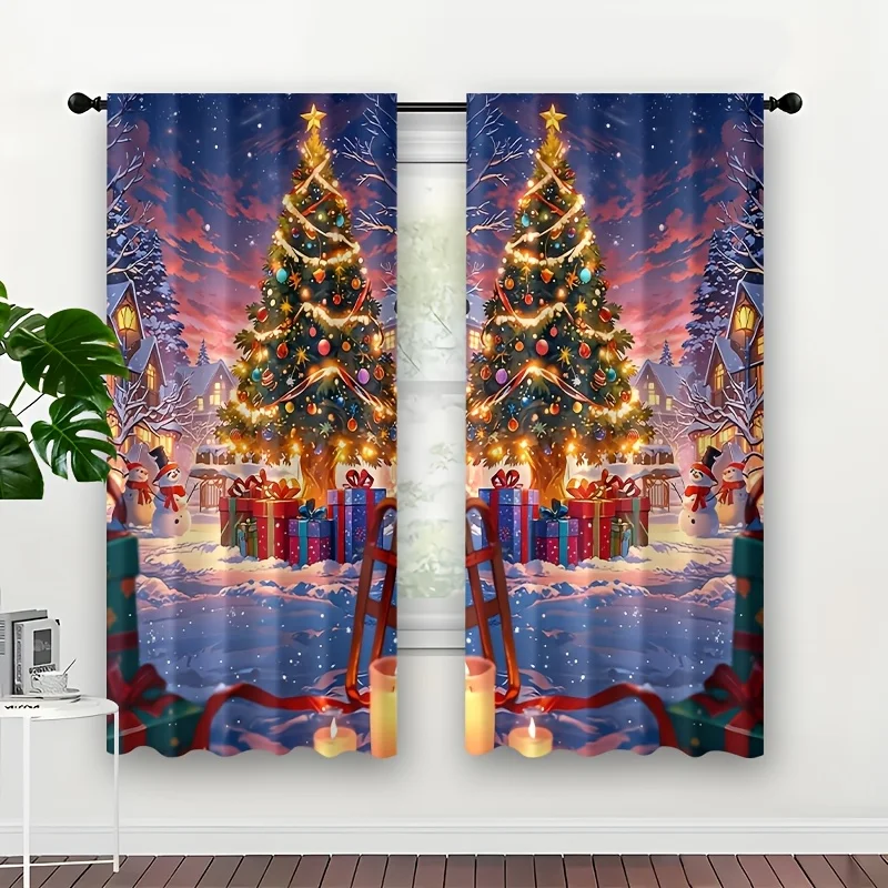 Winter Village Curtain Panels, Holiday Lit Xmas Tree Gift Snowman Candle Snowy Twilight Print Drapes Apartment Xmas Home Decor