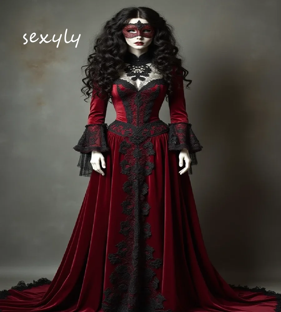 

Vintage Red With Black Vampire Prom Dress 2025 Elegant Long Sleeve Medieval Steampunk Halloween Evening Dress Costume Party Wear
