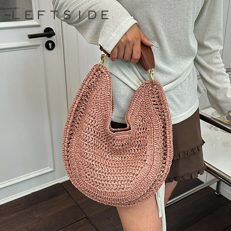 Women Crochet Straw Hobo Bag Faux Leather Handle Summer Beach Underarm Shoulder Purse 2026 Female New Trend Fashion Handbags