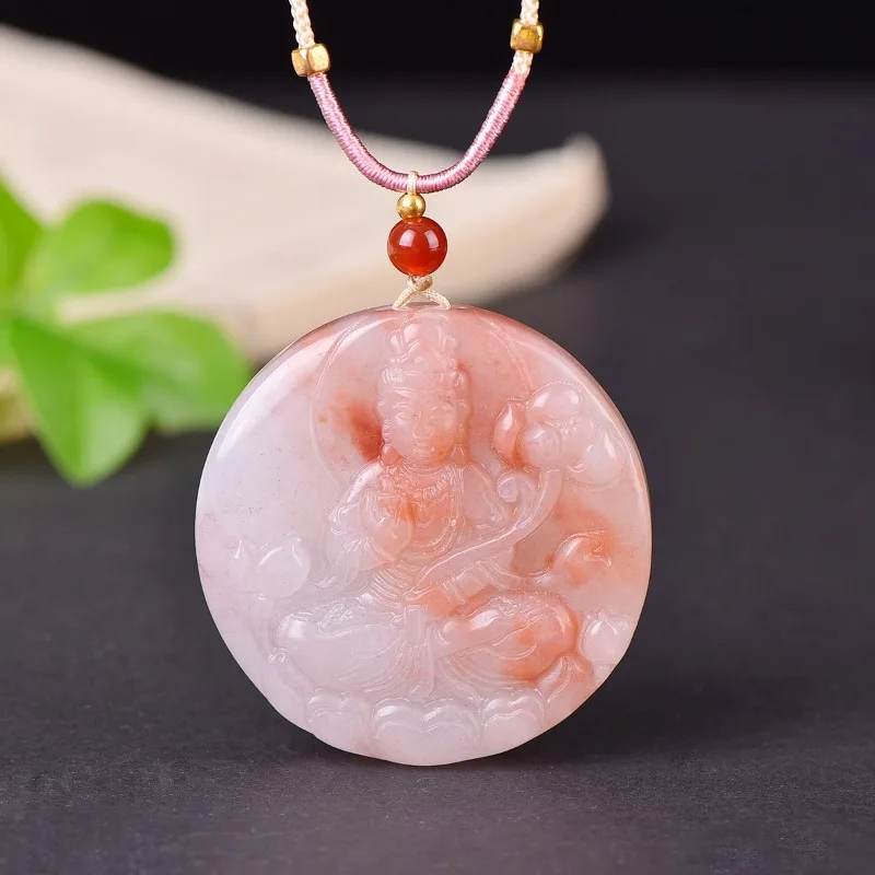 

Stylish and Exquisite Peach Blossom Stuffed Round Guanyin Pendant