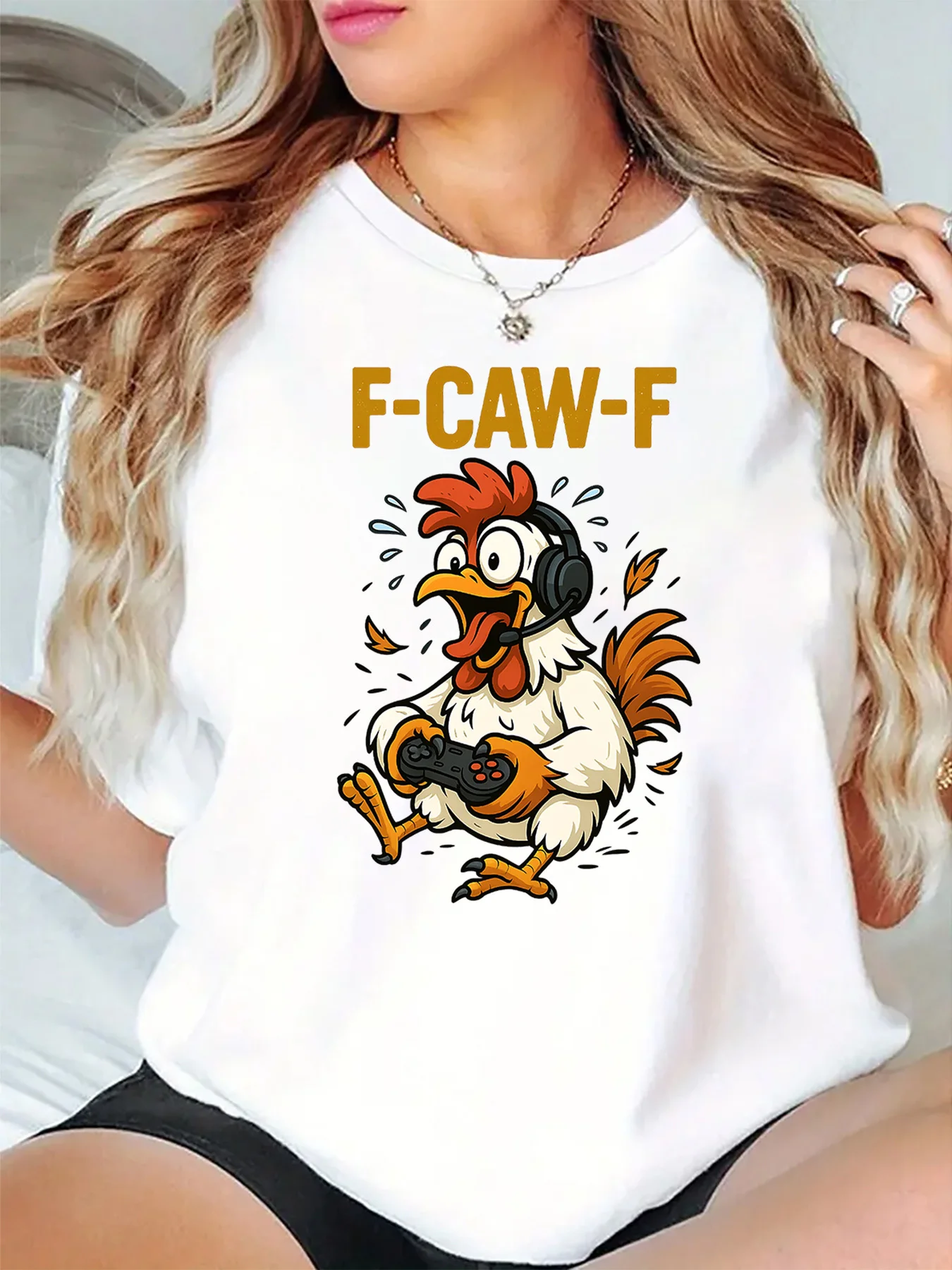 F Caw F Funny Gaming Rooster Headset Controller Graphic Womens T Shirt Short Sleeve Crew Neck Daily Casual Ladies Tee Tops