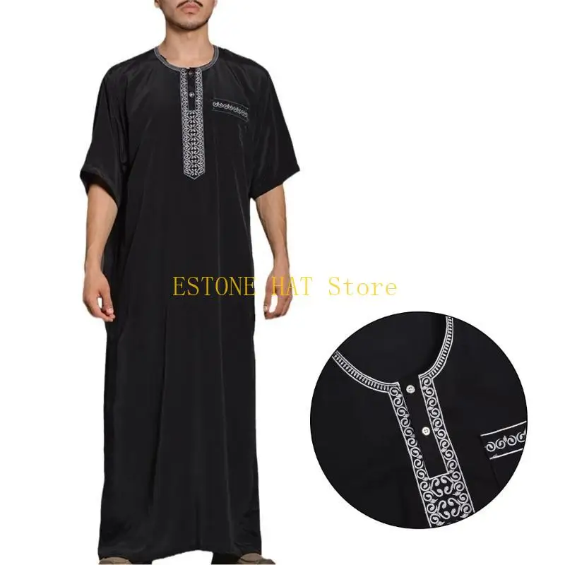 

49MF Ramadans Muslims Dress Abaya Dubai Casual Kaftans Robe Islamic Costume with Short Sleeve Embroidery Thobe Gift Man
