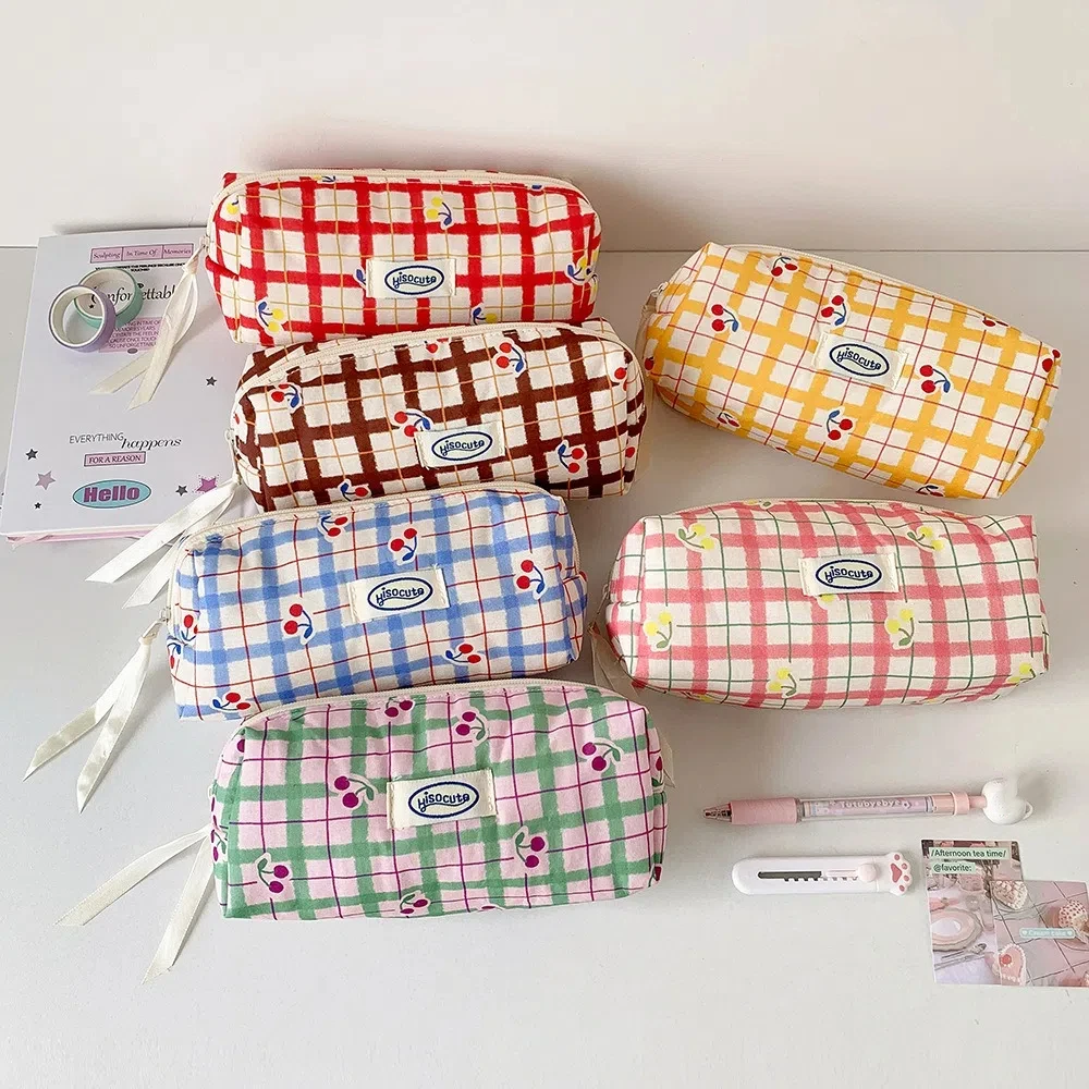 

Large Capacity Y2K Cherry Pencil Case Checkered Cartoon Cherry Cosmetics Storage Korean Pencil Bag Portable Handheld Makeup Bag