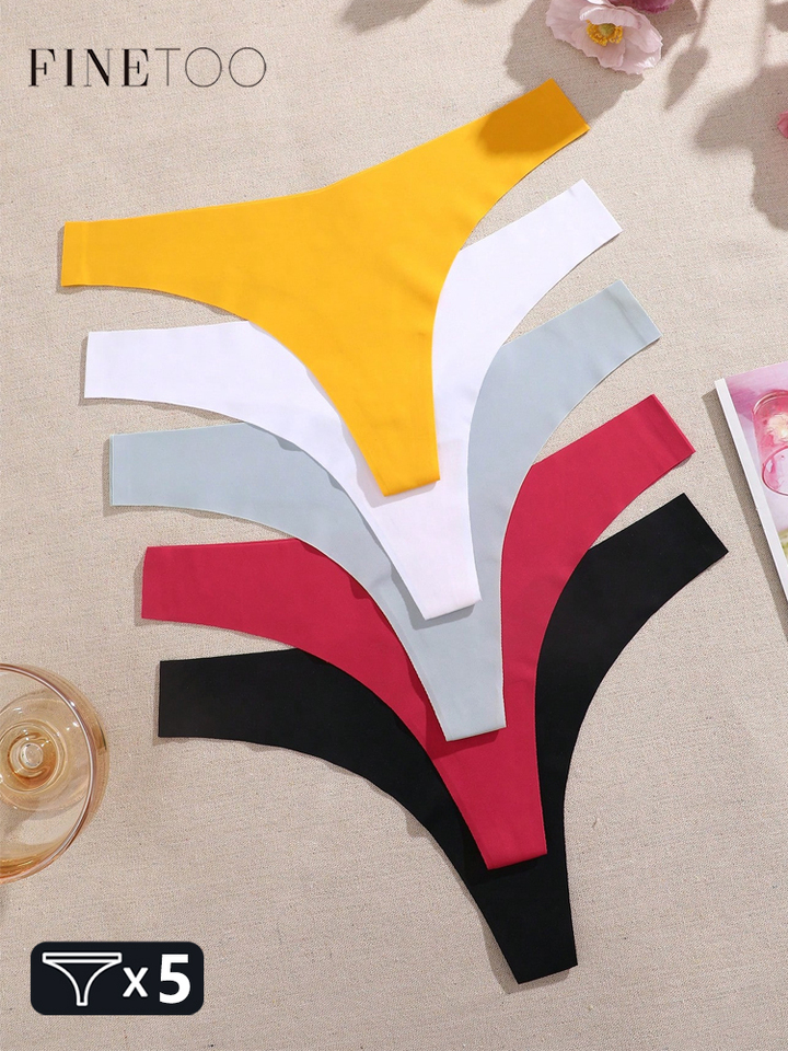  FINETOO 5Pcs Seamless Women's V-Style Thongs Ics Silk Solid Color Underwear Sexy Breathable T-back Lingerie Comfortable G-String 
